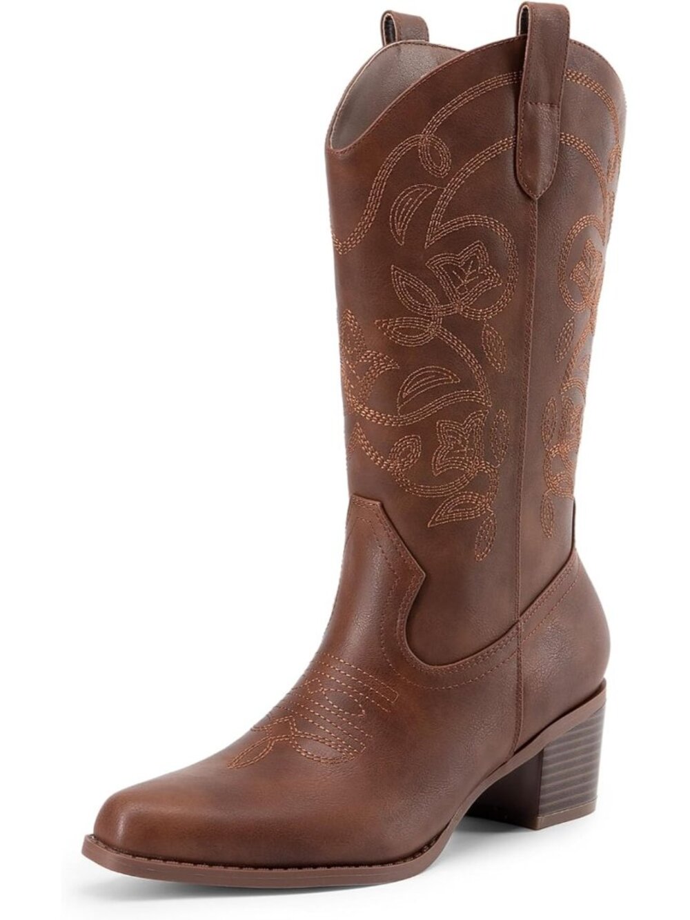 Women’s Brown Cowboy Mid Calf Boots Western Cowgirl Pull On Riding Boots